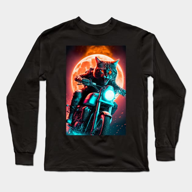 Cyber Cat Riding Dirt Bike Long Sleeve T-Shirt by KoolArtDistrict